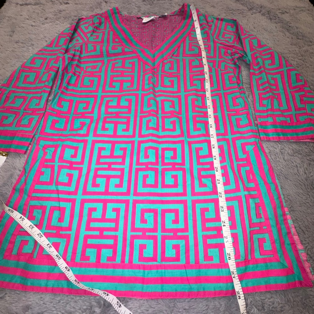 Gretchen Scott Women's Small Pink Turquoise Greek Key V-Neck Tunic Top Resort - Picture 7 of 13